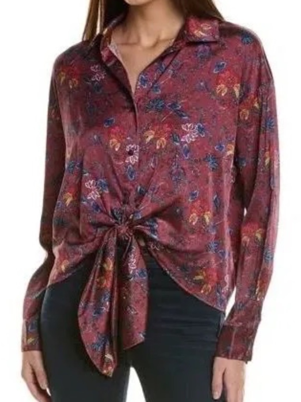 Hutch Robbie Burgundy Floral Paisley Front Tie Button Down Blouse Top Size M